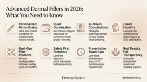 Horizontal infographic showing 8 key benefits of advanced dermal filler treatments in 2026 including micro-dosing, AI consultations, next-gen HA products, and liquid facelifts at Derma Secret medical spa in Mississauga and Waterloo