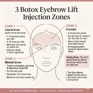 Botox eyebrow lift injection zones infographic showing three treatment areas — lateral brow, medial brow, and frontalis — with dosing units, safety margins, and injection depth guidelines for a natural brow lift at Derma Secret Mississauga and Waterloo