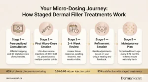 Horizontal step-by-step infographic illustrating the 5-stage micro-dosing dermal filler treatment journey at Derma Secret including personalized consultation, first injection session, 2–4 week review, refinement, and long-term maintenance plan