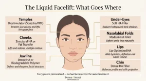 Horizontal facial anatomy infographic showing where dermal fillers are placed during a liquid facelift at Derma Secret including temples, under-eyes, cheeks, nasolabial folds, lips, jawline and chin with filler type and key benefit for each zone