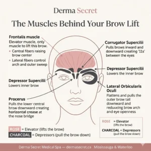 Botox eyebrow lift muscle anatomy diagram showing the frontalis elevator muscle and four depressor muscles including corrugator supercilii, procerus, depressor supercilii, and lateral orbicularis oculi at Derma Secret Mississauga and Waterloo
