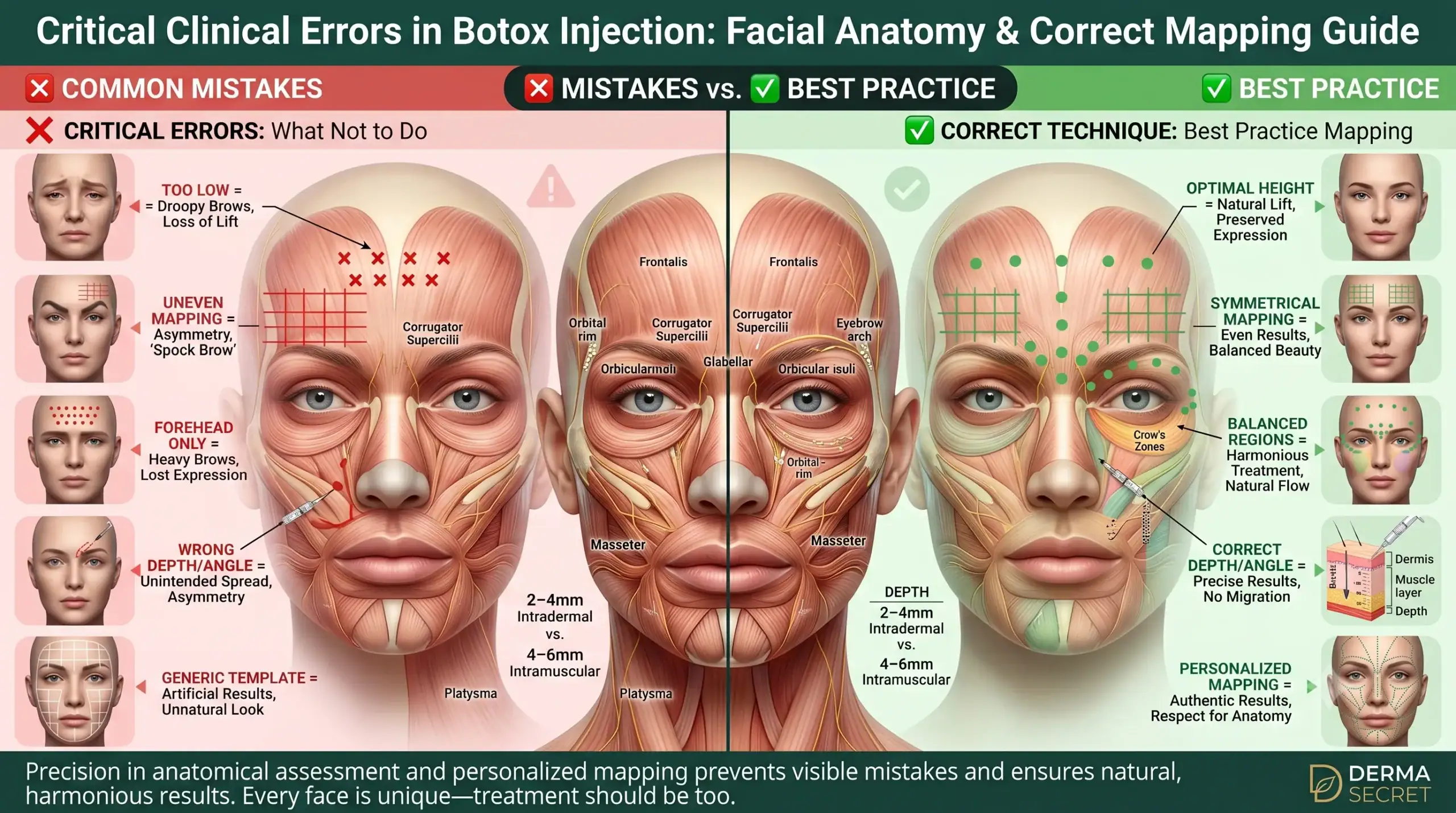 Critical Clinical Errors in Botox Injection: Facial Anatomy & Mapping Guide infographic showing side-by-side comparison of incorrect vs. correct injection techniques. Left side shows common errors (too low placement, asymmetrical mapping, forehead-only treatment, wrong depth/angle, one-size-fits-all approach) with resulting complications (droopy brows, asymmetry, Spock brow). Right side shows correct best practice mapping with personalized anatomical assessment, symmetrical placement, multi-region balance, and precise depth. Derma Secret medical spa branding.