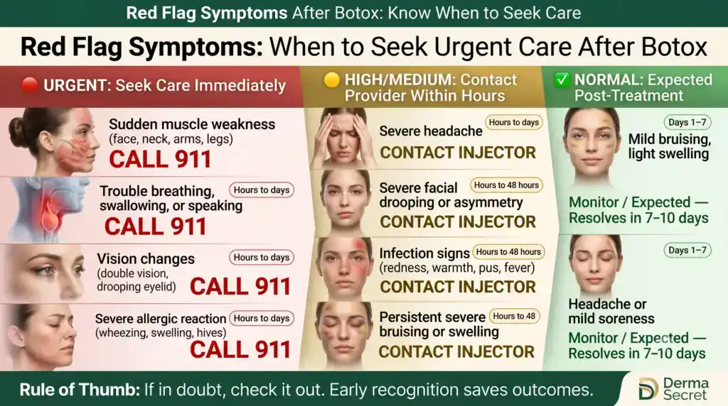 Red Flag Symptoms After Botox infographic showing urgency levels: URGENT symptoms requiring immediate emergency care (muscle weakness, breathing difficulty, vision changes, allergic reaction), HIGH/MEDIUM symptoms requiring provider contact within hours (severe headache, drooping, infection signs, bruising), and NORMAL expected symptoms (mild bruising, soreness) with timelines and action steps. Derma Secret medical spa branding.