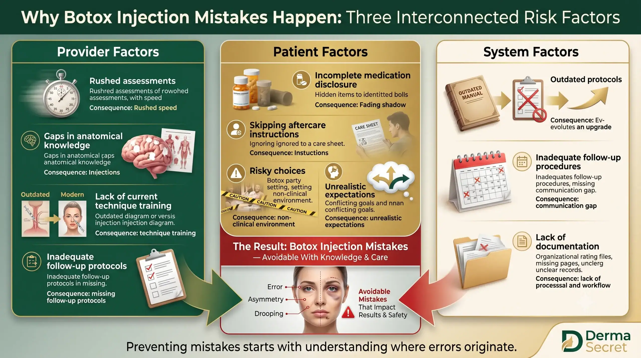 Why Botox Injection Mistakes Happen infographic showing three interconnected risk factors: Provider Factors (rushed assessments, knowledge gaps, lack of training, inadequate follow-up), Patient Factors (incomplete disclosure, skipped aftercare, risky choices, unrealistic expectations), and System Factors (outdated protocols, inadequate follow-up, lack of documentation). All factors converge to show Botox injection mistakes outcome. Derma Secret medical spa branding.