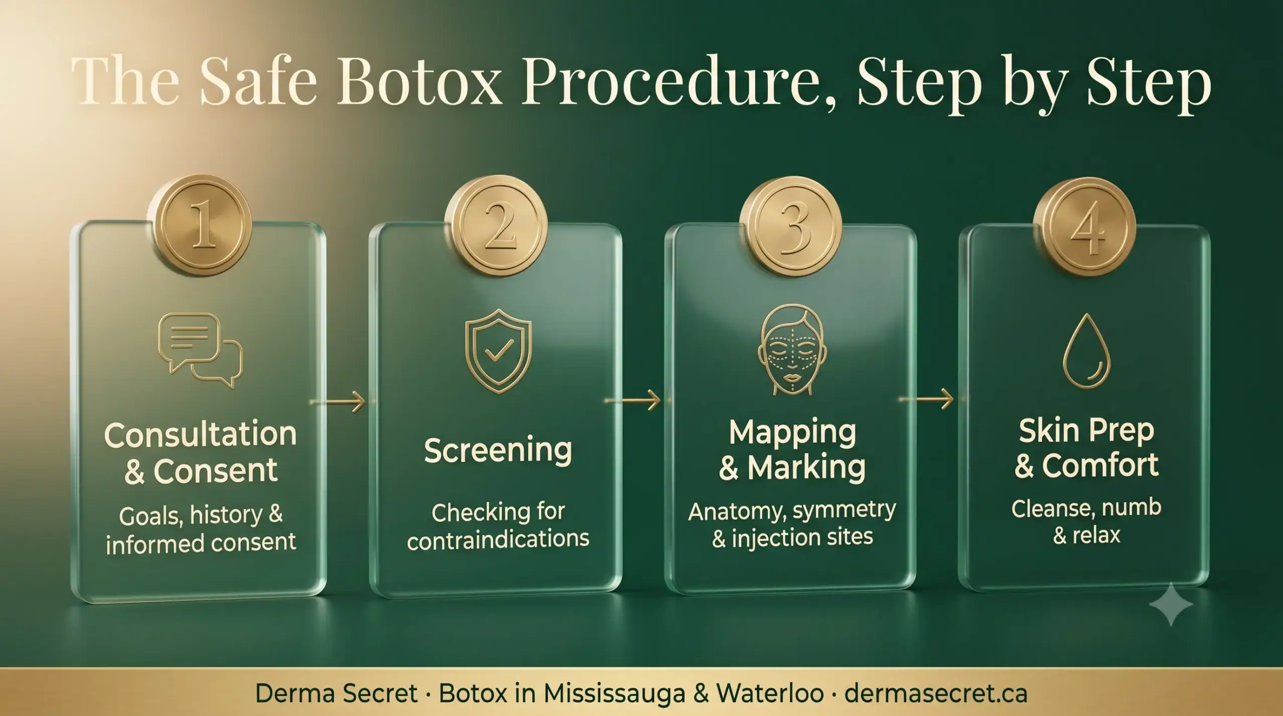 Infographic showing the four stages of a safe Botox procedure at Derma Secret, from consultation to skin prep, in Mississauga and Waterloo. 
