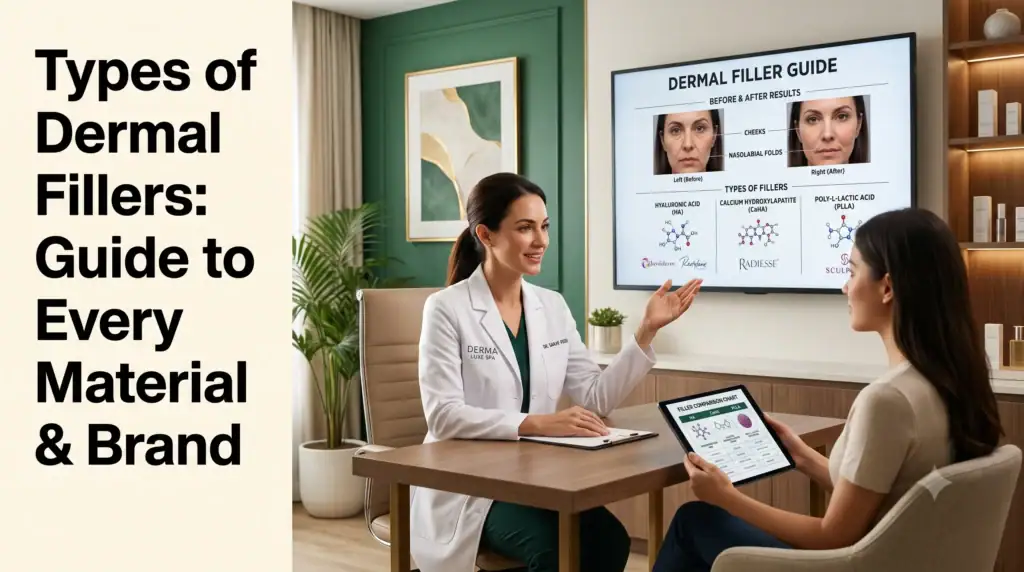 Professional medical aesthetician consulting with patient about types of dermal fillers in modern luxury spa consultation room with digital before/after results display, emerald and gold spa accents, representing personalized dermal filler consultation at Derma Secret