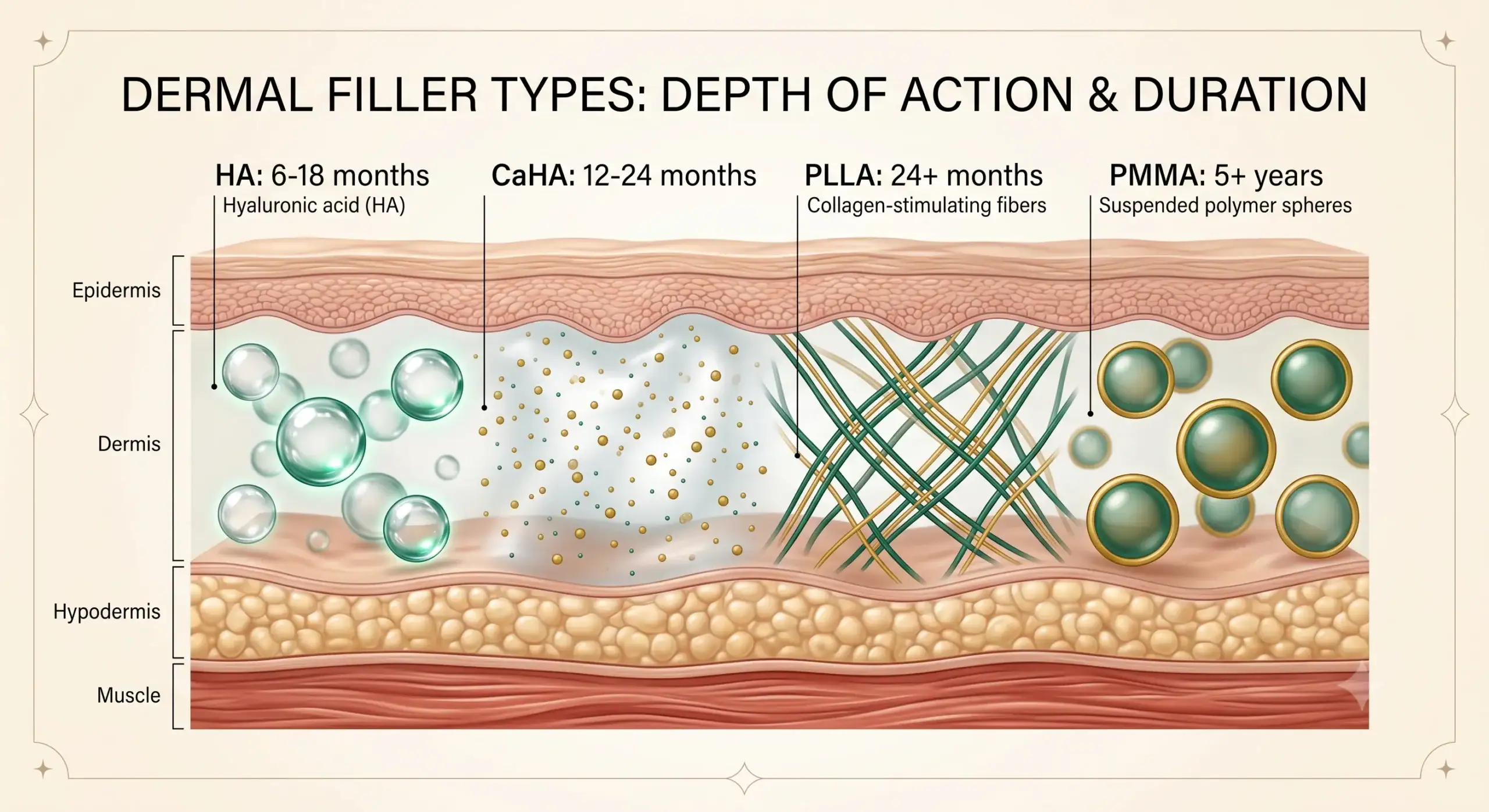 Cross-section diagram showing four types of dermal fillers materials: hyaluronic 
acid (HA) molecules, calcium hydroxylapatite (CaHA) mineral particles, poly-L-lactic 
acid (PLLA) collagen-stimulating fibers, and PMMA polymer spheres with longevity 
labels and emerald/gold accent highlighting