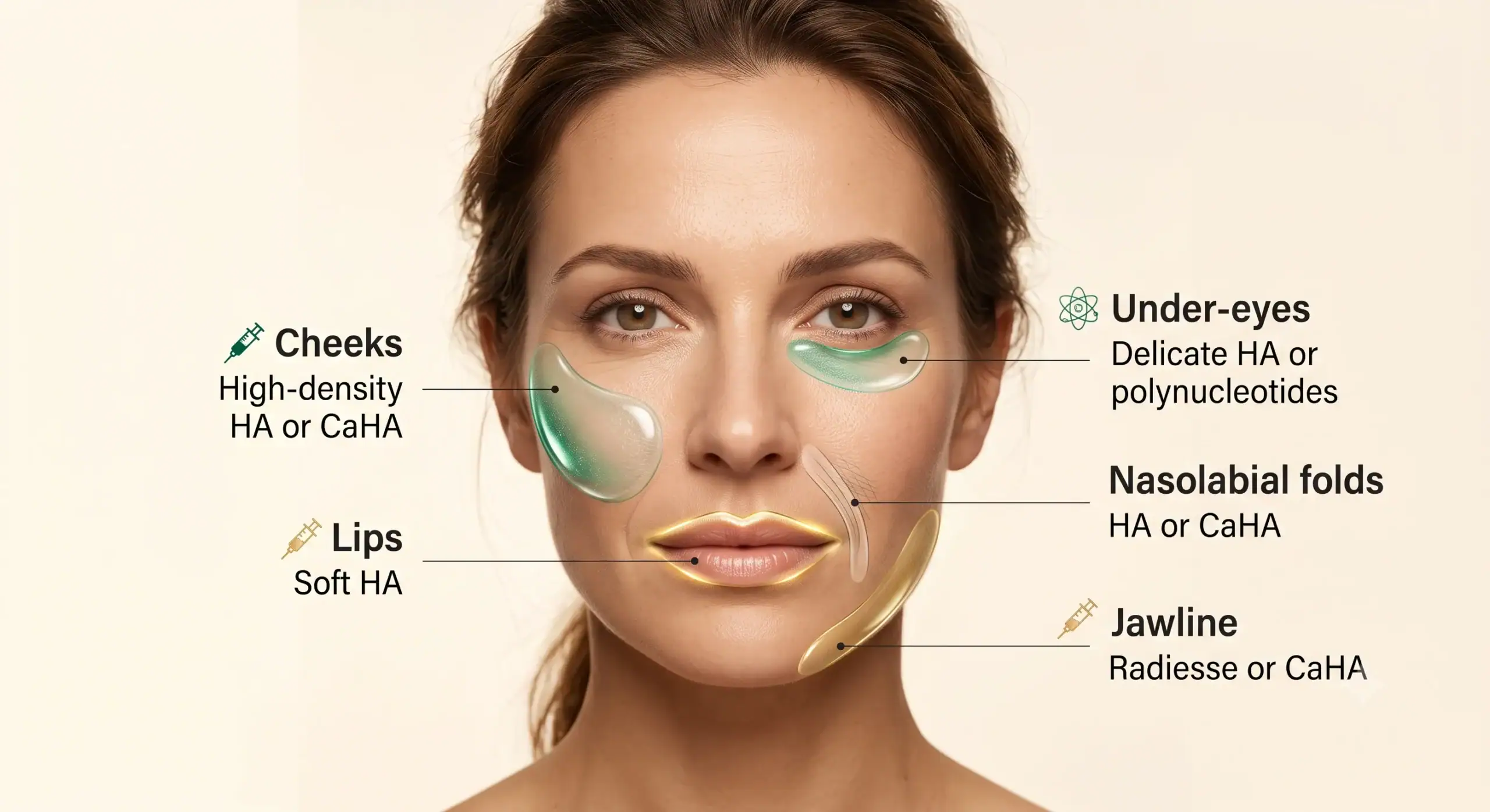 Female face diagram showing labeled dermal filler placement zones: cheeks (HA/CaHA), 
lips (soft HA), under-eyes (delicate HA), jawline (Radiesse/CaHA), and nasolabial 
folds, with material recommendations and emerald/gold accent highlights for each 
filler type application area