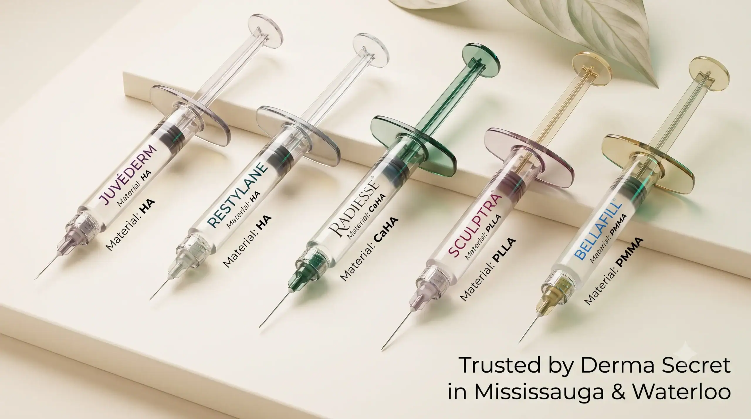 Premium dermal filler brand syringes (Juvederm, Restylane, Radiesse, Sculptra, 
Bellafill) arranged with visible product labels showing material types (HA, CaHA, 
PLLA, PMMA), luxury spa photography style with emerald and gold accents, 
representing trusted filler brands at Derma Secret