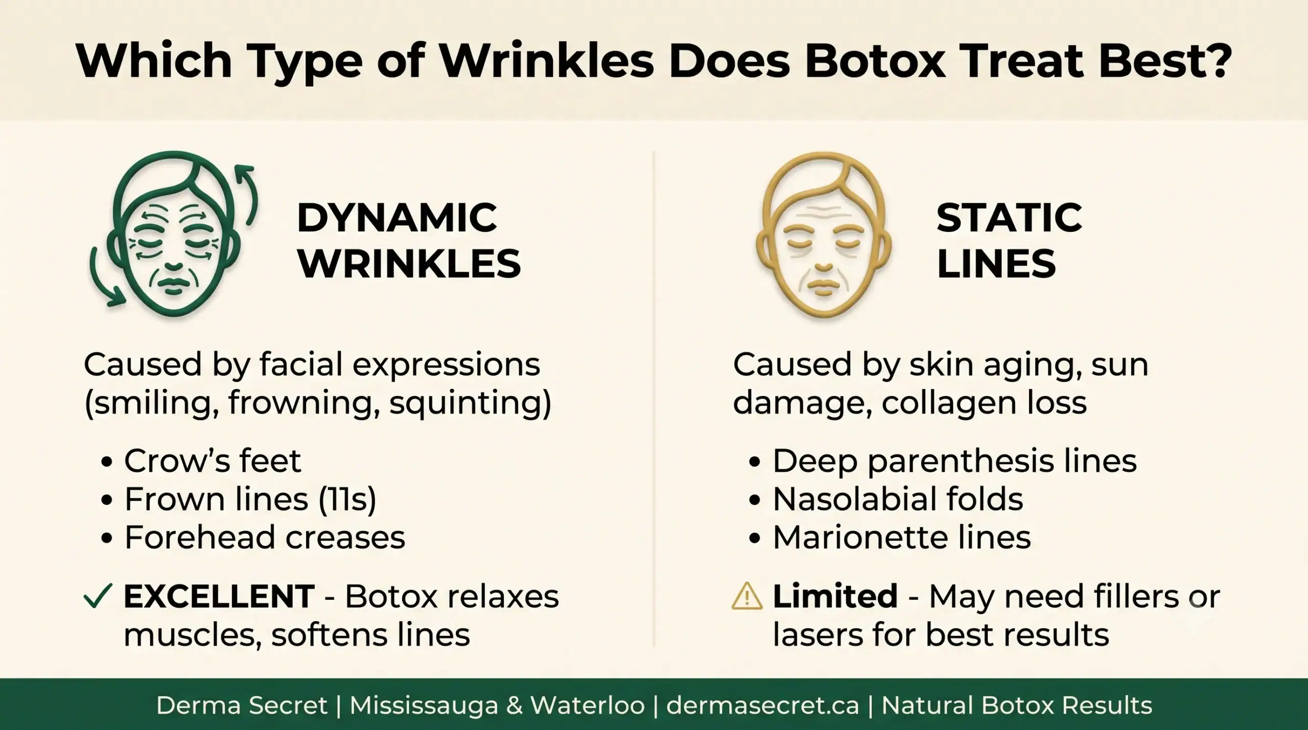 Achieve Natural Botox Results: The Ultimate 2026 Guide to Safe, Personalized Care 1 Comparison infographic showing dynamic wrinkles vs. static lines: which type Botox treats best at Derma Secret Mississauga and Waterloo