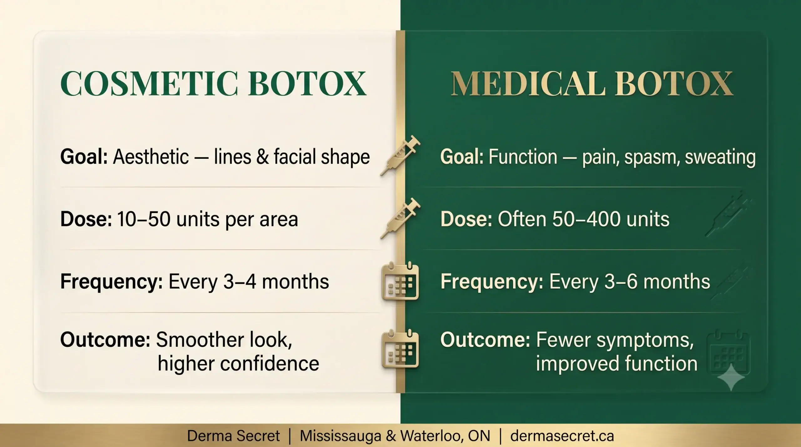 Comparison chart of cosmetic vs medical Botox uses at Derma Secret in Mississauga and Waterloo