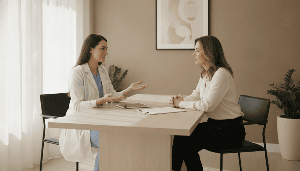 Nurse injector reviewing a written Botox treatment quote with a client at a Derma Secret consultation in Ontario