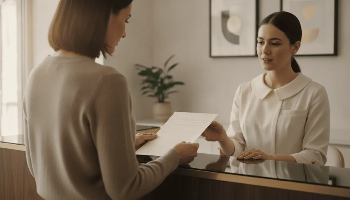 Client receiving a written Botox treatment quote showing units and total cost at a Derma Secret reception desk